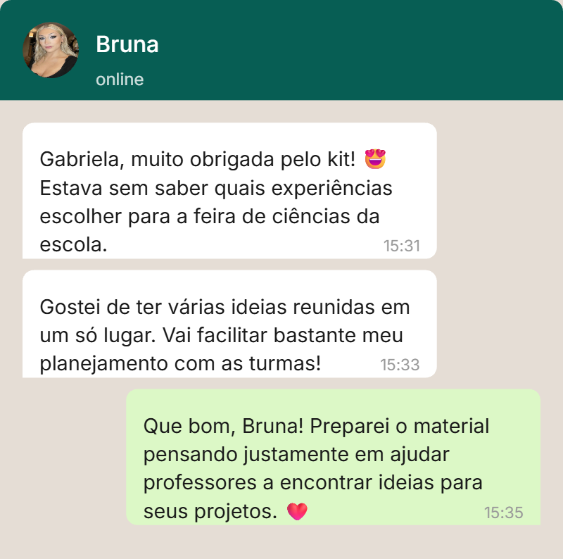 Conversa de WhatsApp da Bruna agradecendo pelo kit