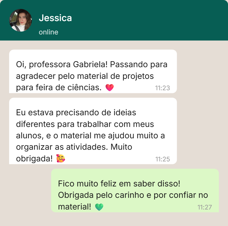 Conversa de WhatsApp da Jessica agradecendo pelo material