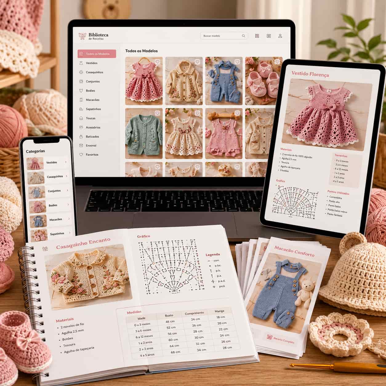 Biblioteca digital de receitas de crochê infantil mostrada em notebook, tablet e celular, com gráficos, fotos e medidas